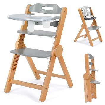 Ezebaby Wooden High Chair Grow with Your Child, Foldable Baby High Chair with Adjustable Seat and Footrest Heights, High Chair for Babies and Toddlers with Cushion and Large Double Layer TrayGrey