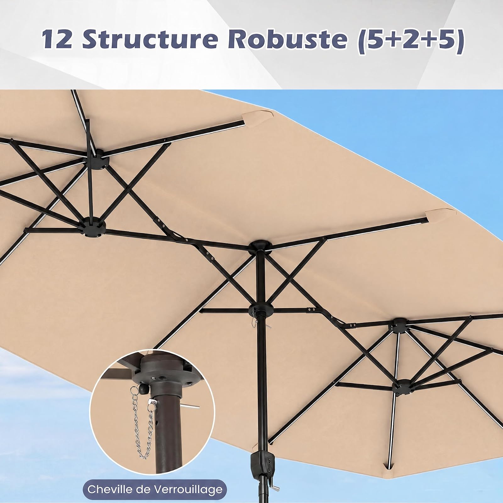 RELAX4LIFE Grand Parasol Double avec LED Multicolore, Parasol de Jardin Extérieur 4M, 12 Baleines, Manivelle, Mât en Métal Revêtu, Polyester Résistant, Abri Solaire pour Terrasse Événement (Beige)