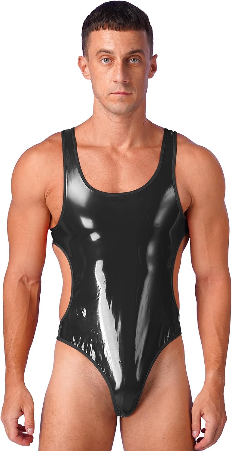 CHICTRY Mens Shiny Leather Bodysuit Cutout Back High Cut Thong One-Piece Leotard Jumpsuit