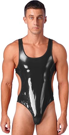 CHICTRY Mens Shiny Leather Bodysuit Cutout Back High Cut Thong One-Piece Leotard Jumpsuit