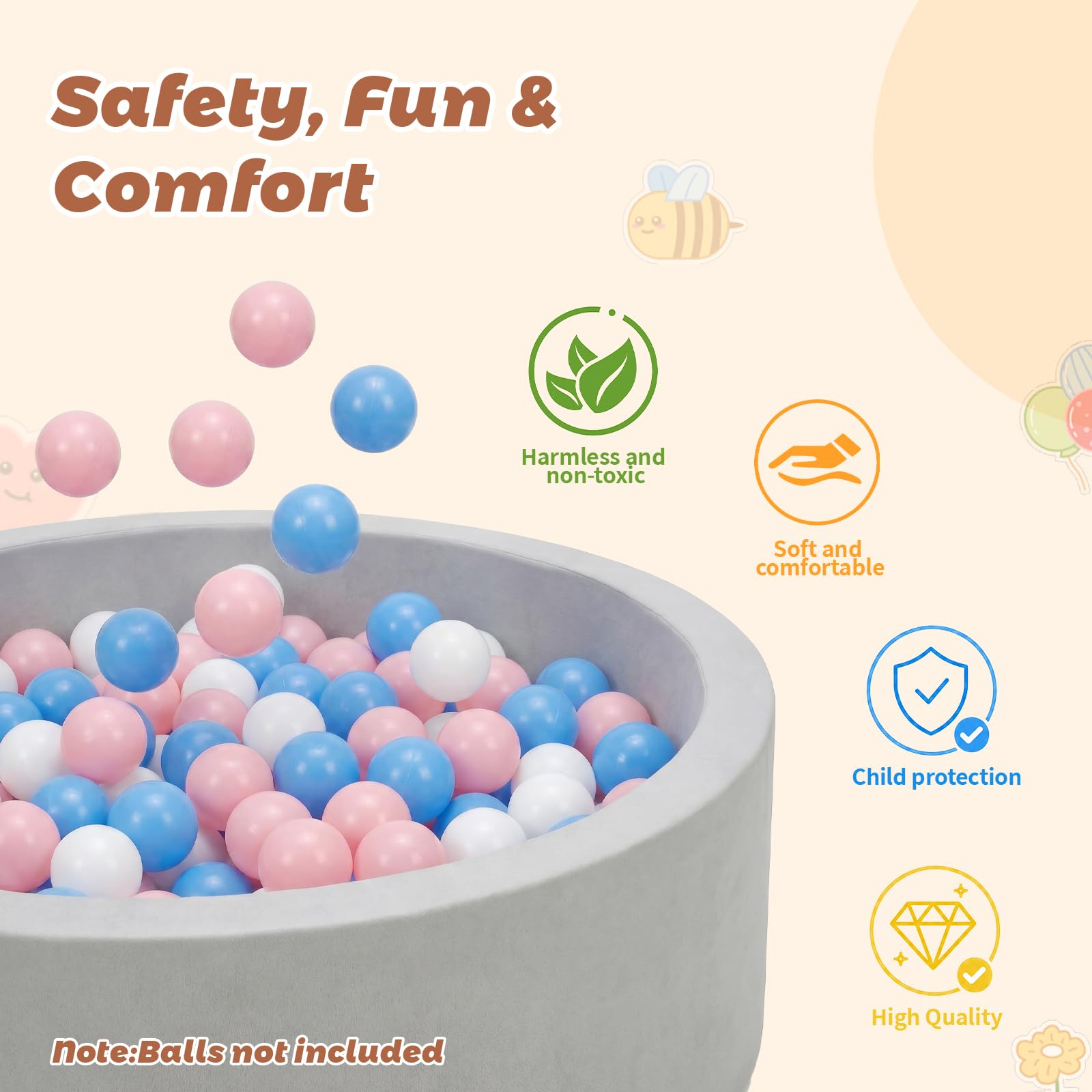 Wilwolfer Bagno per palle per bambini piccoli: piscina pieghevole per bambini – piscina rotonda morbida – morbida schiuma morbida per bambini – morbida schiuma memory foam – interno / esterno (grigio)