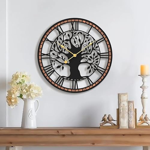 Micasso Reloj de pared grande sin tictac árbol de la vida de metal negro con marco de madera maciza, reloj silencioso a pilas para decoración de