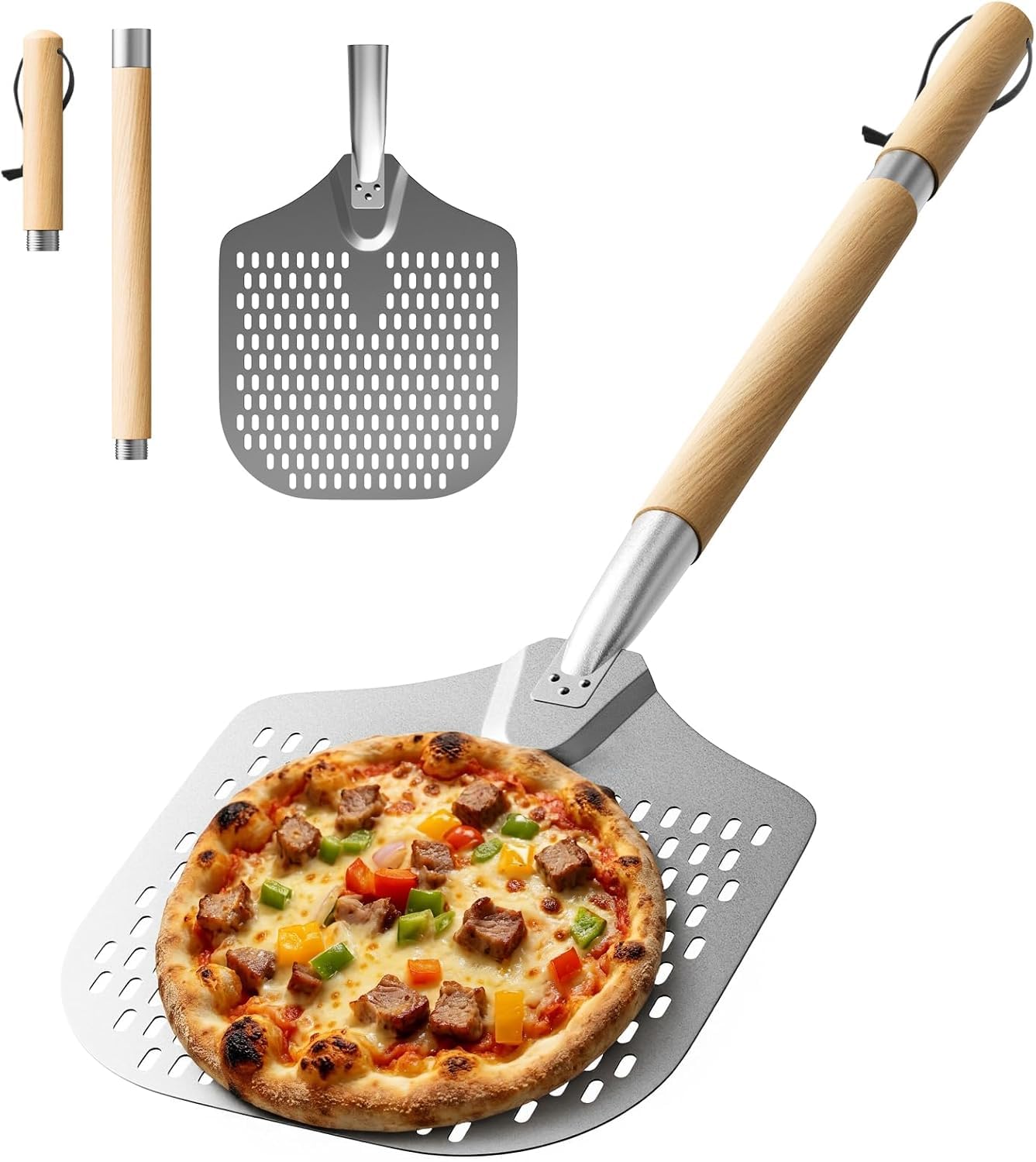 Funtery Pelle à pizza perforée avec manche en bois en 2 parties, 30,5 × 30,5 cm
