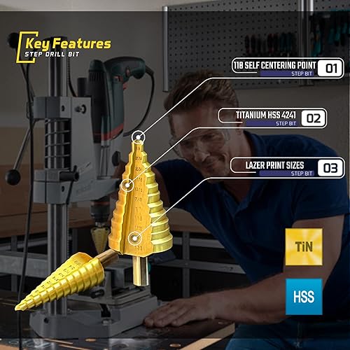 Miniatura 2 de Broca escalonada para metal, juego de brocas escalonadas de acero de titanio de alta velocidad, taladro escalonado Unibit, broca escalonada