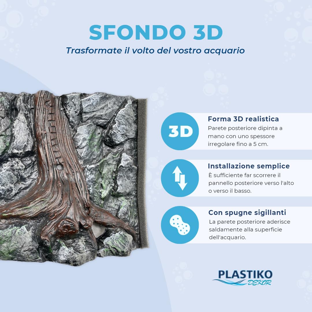 PLASTIKO - Acquario Sfondo 3D I 80x40 cm I Facile da Montare e Pulire I Non Richiede Colla I Sicuro per Gli Animali I Grigio con Il Modello di radice ad Albero