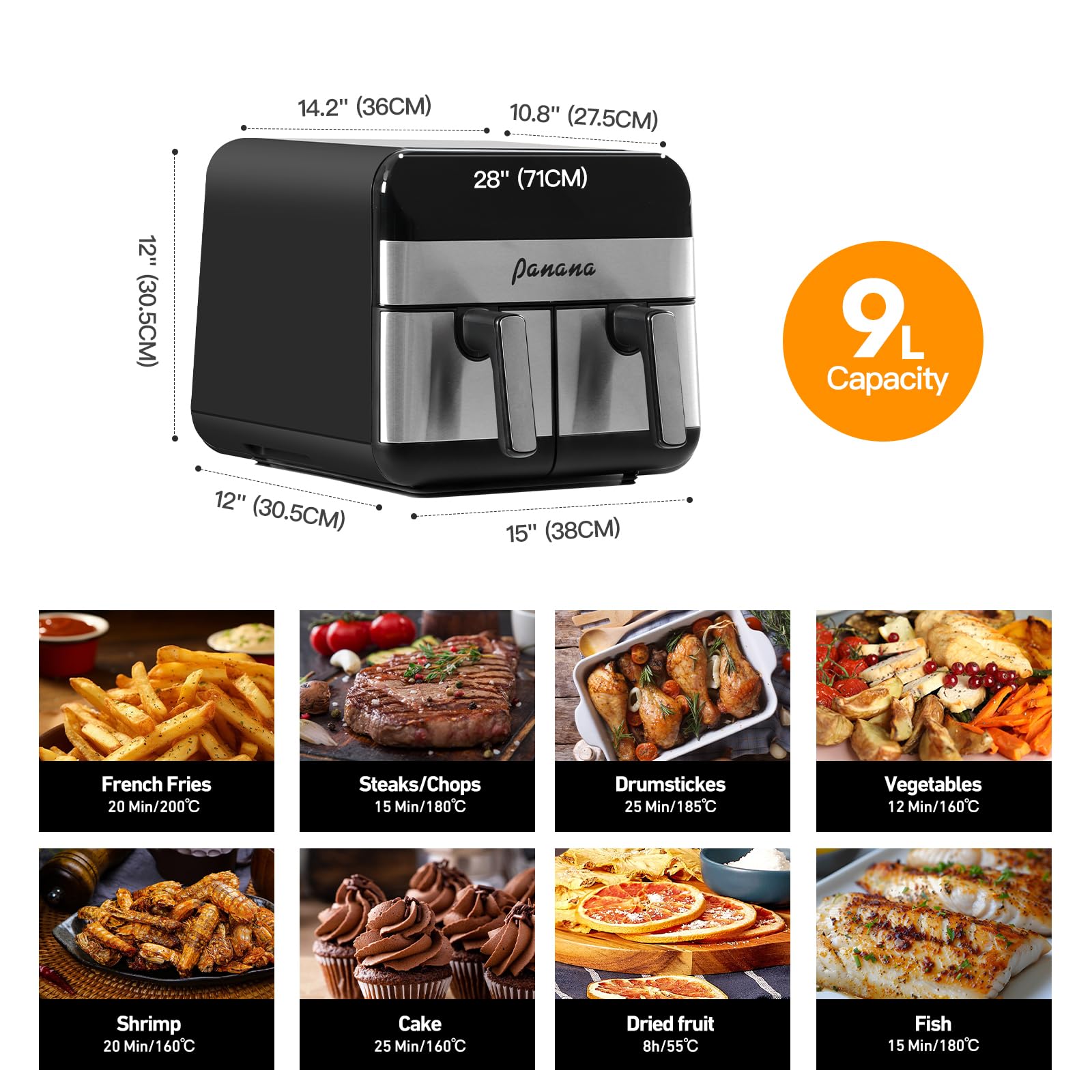 9L Dual-Zone Airfryer, Familiengröße mit 2 Kochschubladen, 8 Kochfunktionen für Airfrying, Braten, Entfeuchten, Aufwärmen, Backen zuhause