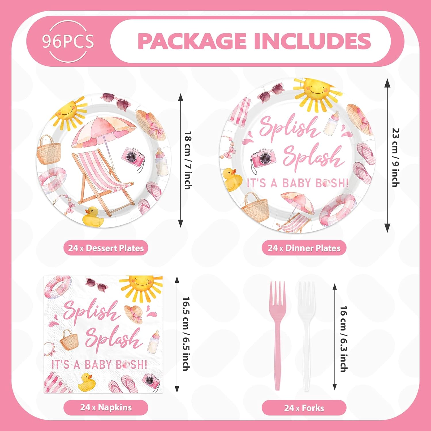 96 Pcs Splish Splash Baby Shower Party Decoration Splish Splash It's A Baby Bash Plates and Napkins Pink Beach Tableware Set for Kids Summer Hawaiian Tropical Gender Reveal Party Supplies, Serves 24