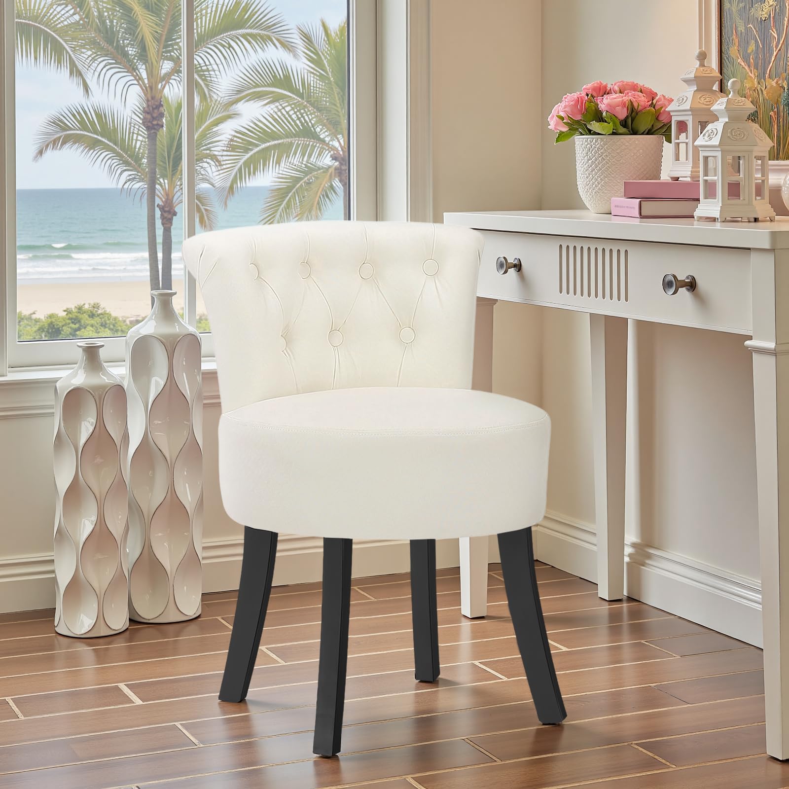 Warmiehomy Dressing Table Chair with High Back and Solid Wood Leg Linen Makeup Vanity Chairs Make Up Stool Chair for Bedroom Dressing Table, Beige