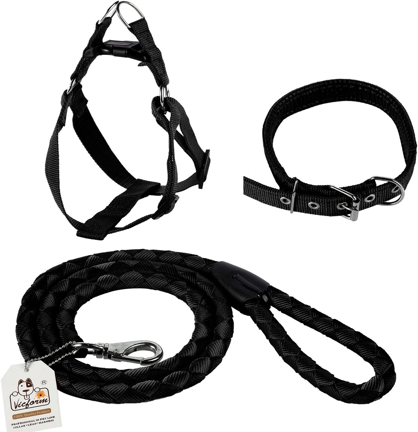 Vicform Safe Control Dog Collar Harness and Leash Set with High Density Polyester Nylon, Large,Black