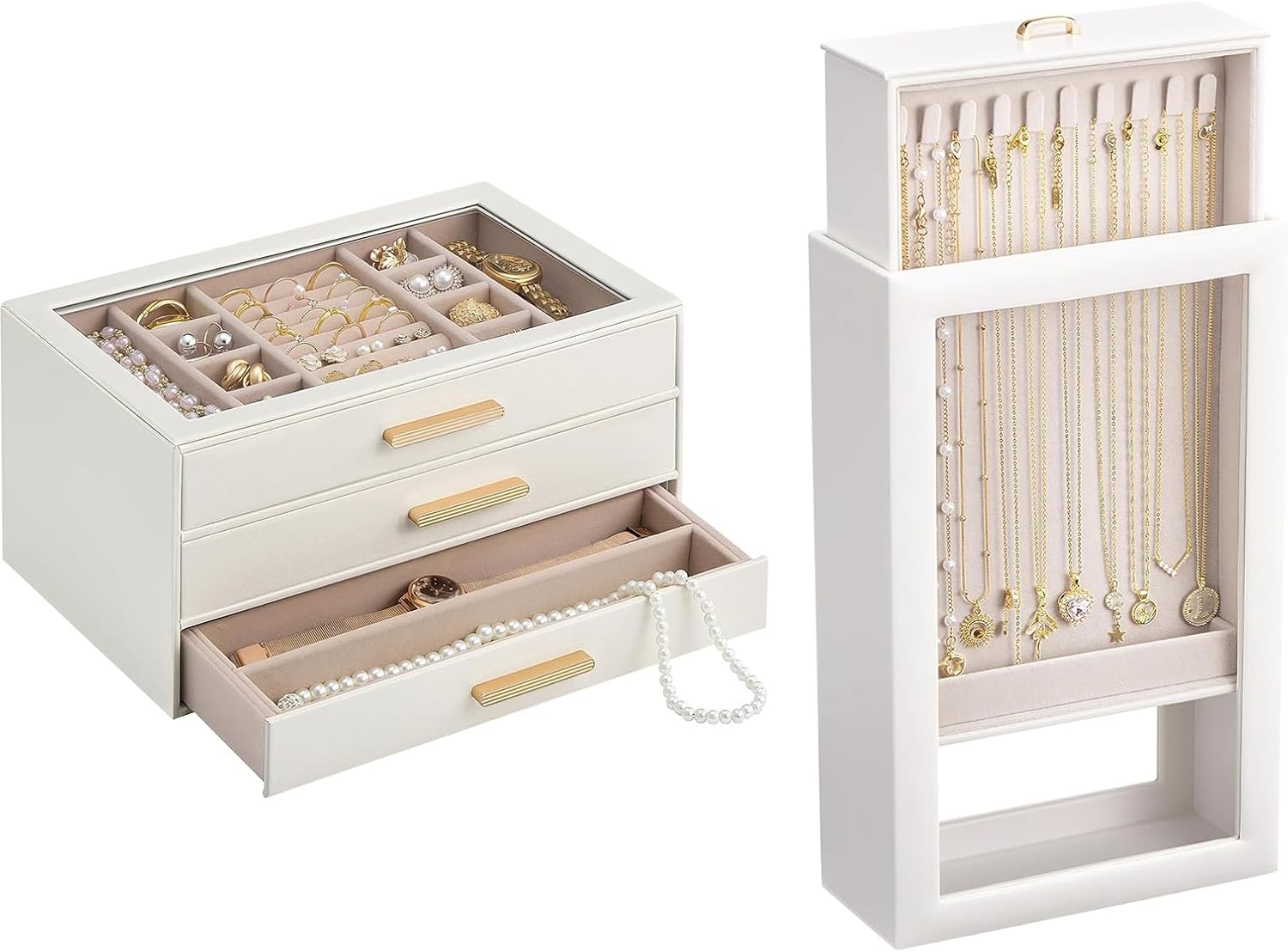 Lolalet Beige 3 Layer Jewelry Box Organizer with Glass Lid and White 1-Layer Double-Sided Hanging Necklace Organizer Box Bundle, Jewelry Storage and Display Solution