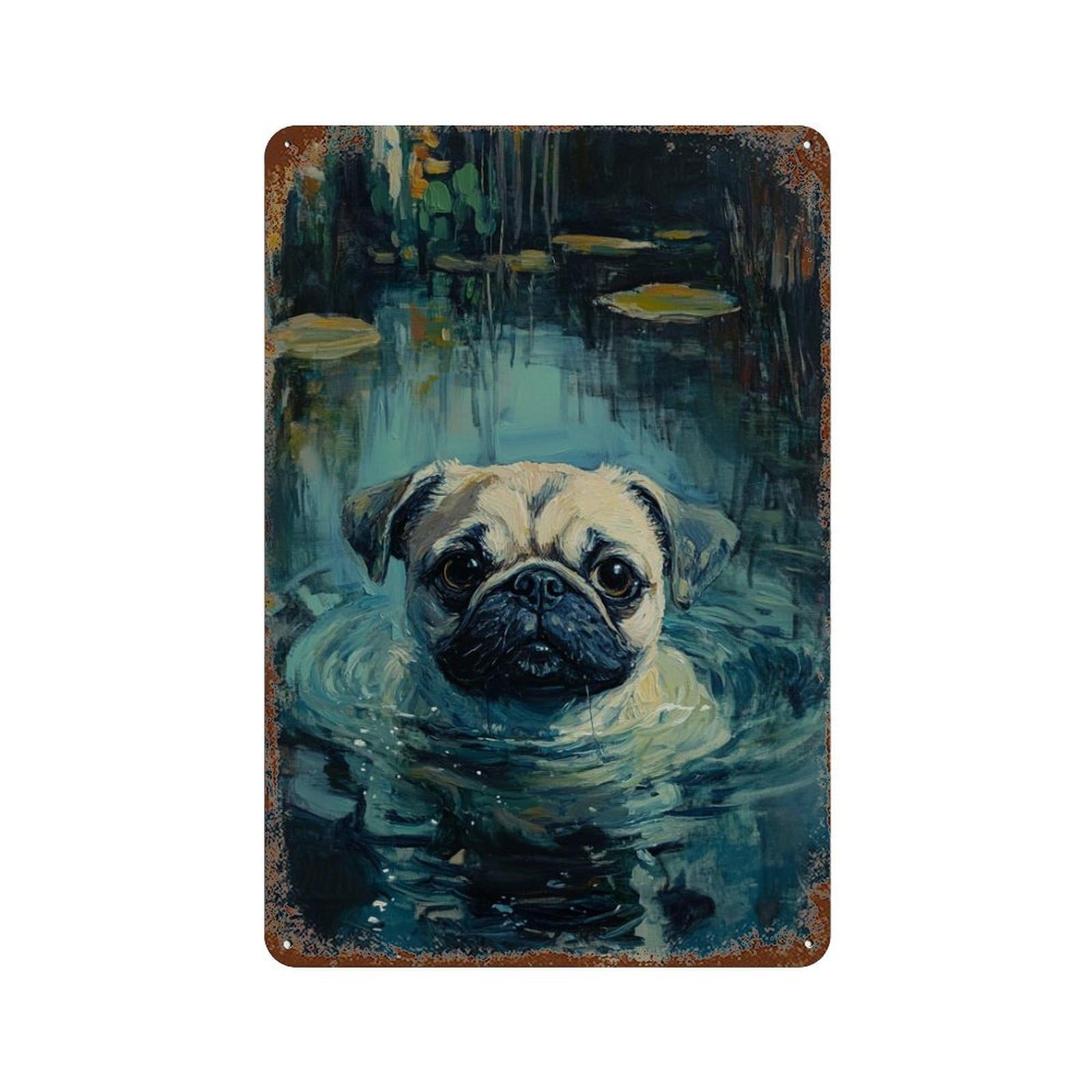 Pug Swimming in Pond Weathered Tin Sign 11.8"x7.9", Industrial Home Decor for Basement, Hobby Room And Garage Decor