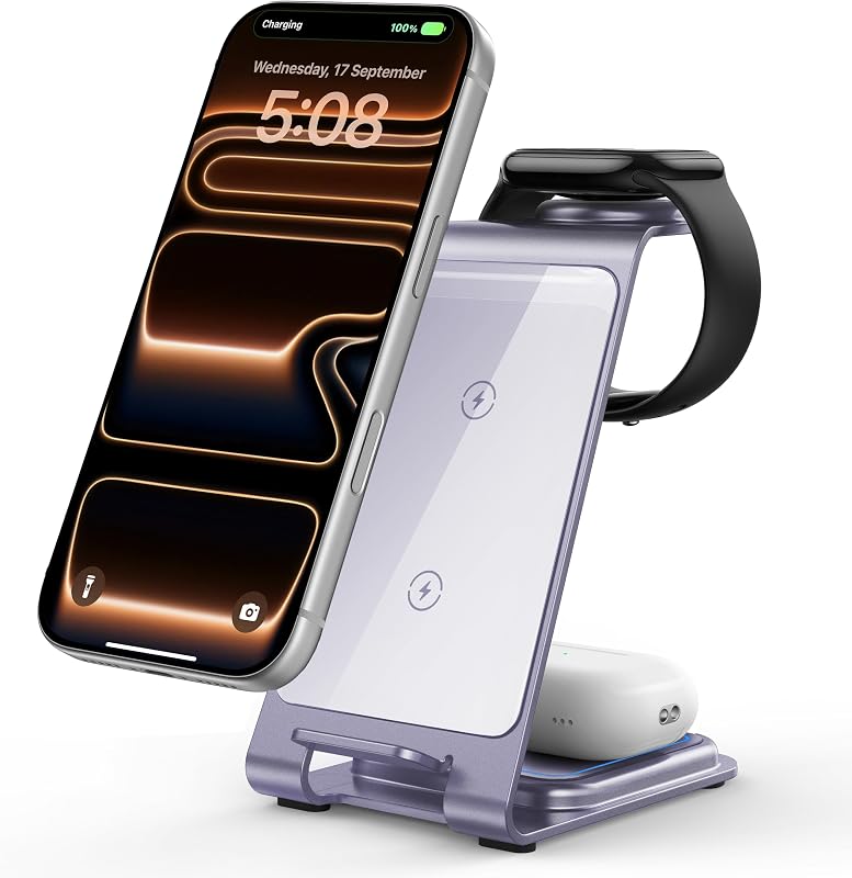 Intoval Estación de carga inalámbrica 3 en 1 de aluminio para iPhone 17 16 15 14 13 12 11 Pro Max XR, cargador inalámbrico para Apple Watch 11 10 9 8 7 Ultra SE 3 2, cargador de teléfono para AirPods 4 Pro 2 3 (lavanda)