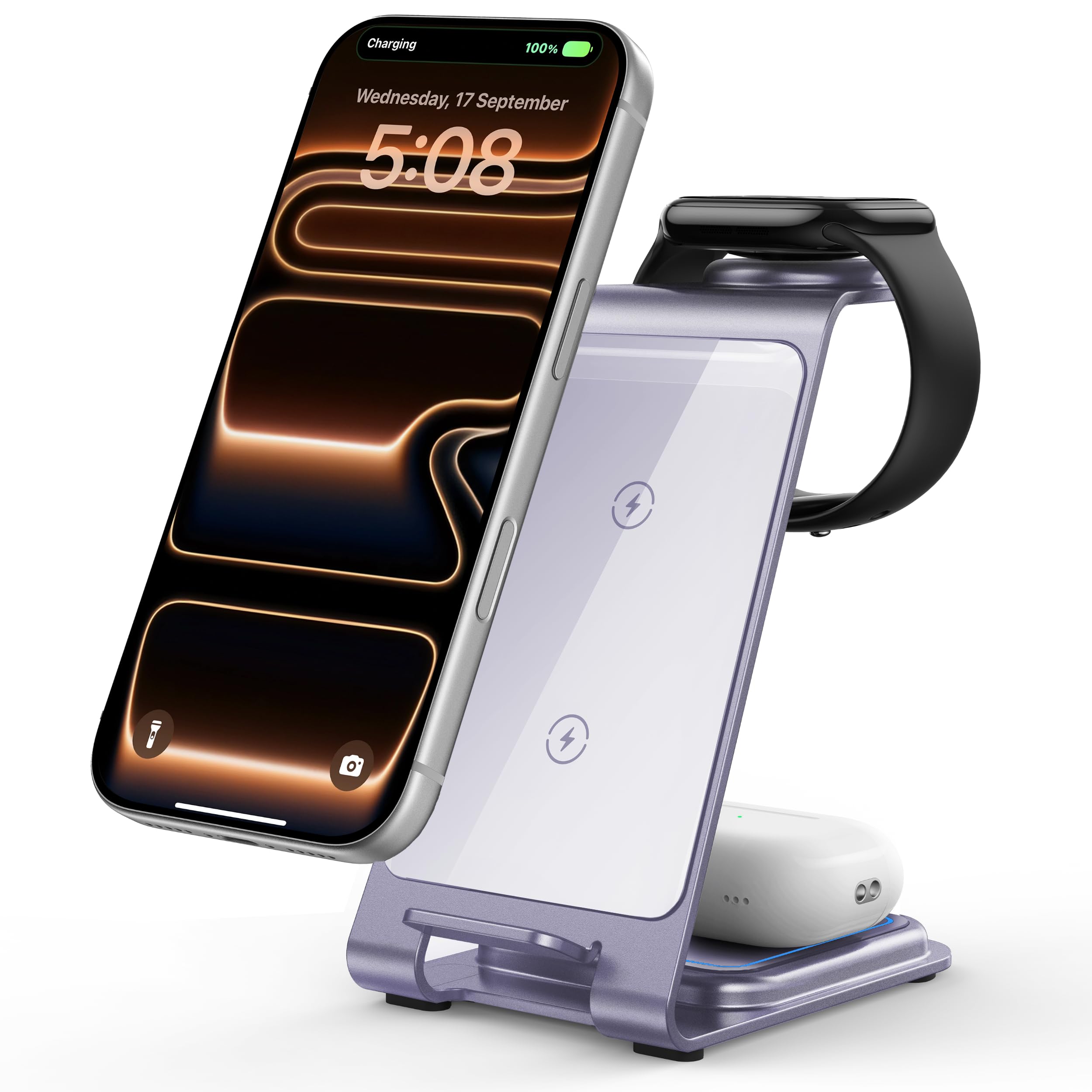 Intoval Stazione di ricarica wireless 3 in 1 per iPhone 16 15 14 13 12 11 X Pro Max, caricabatterie wireless per Apple Watch Ultra 3 SE 9 8 7 6 5 4 3 2, per AirPods 4 Pro Pro 2 3 (Y93, lavanda)