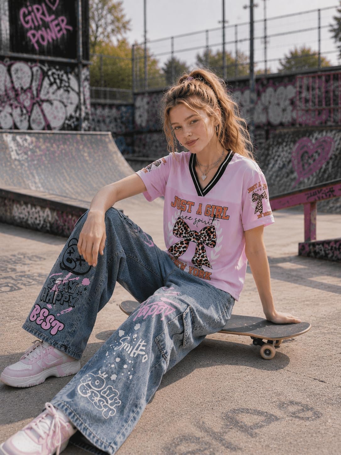 Girls 2 Piece Clothes Set V Neck Graphic Tee and Wide Leg Jeans Casual Streetwear Outfits Size 7-15