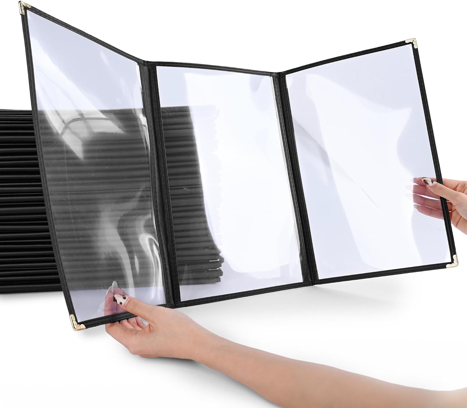30 Pack of WeChef Menu Cover Triple Fold 6 View Double Stitch Trim Fits 8.5X14 Paper Transparent Cafe Restaurant Black