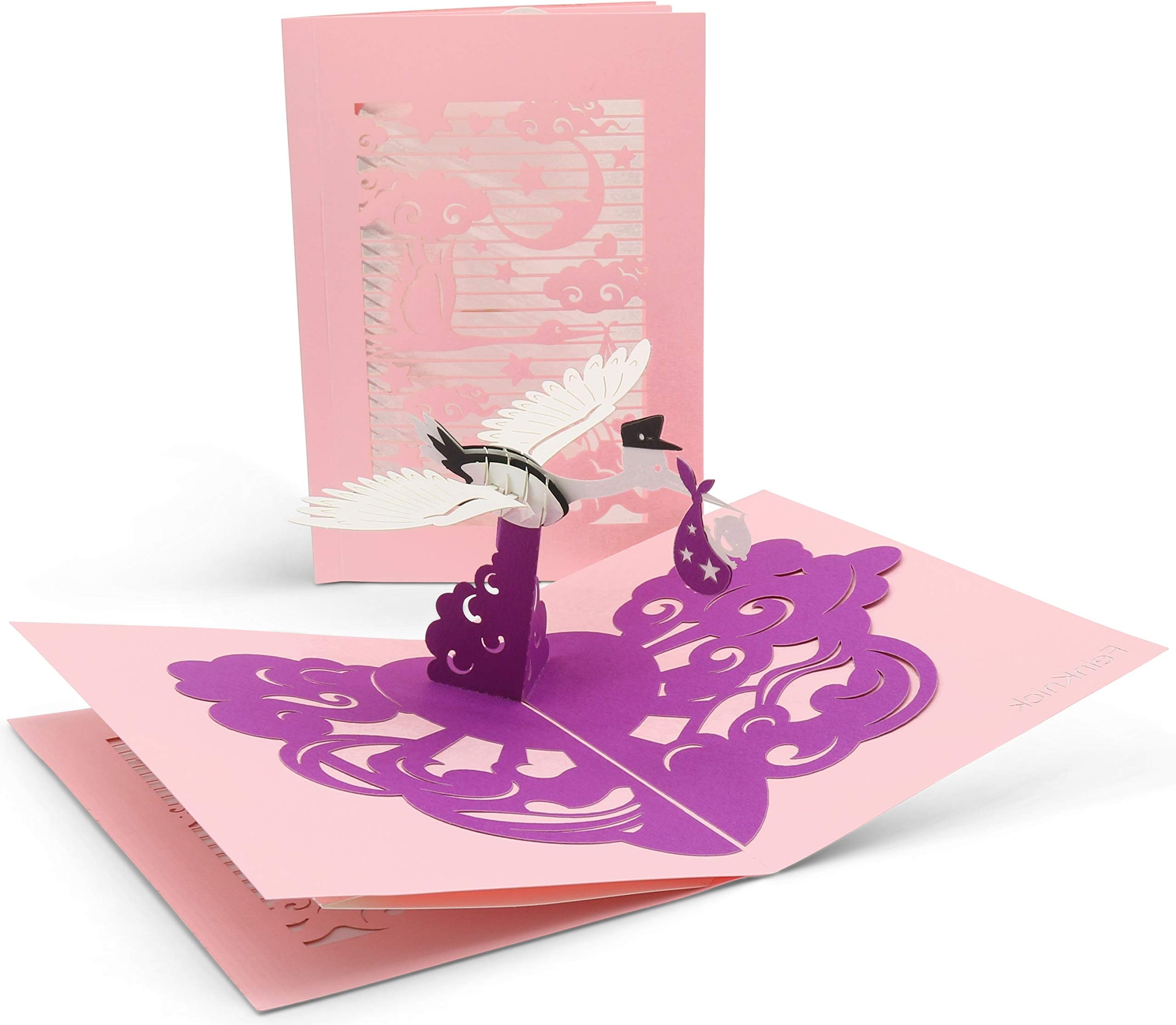 Birth congratulations card with extra page for greetings - card for newborn girls - purple 3D pop-up birth card with a stork & baby to congratulate