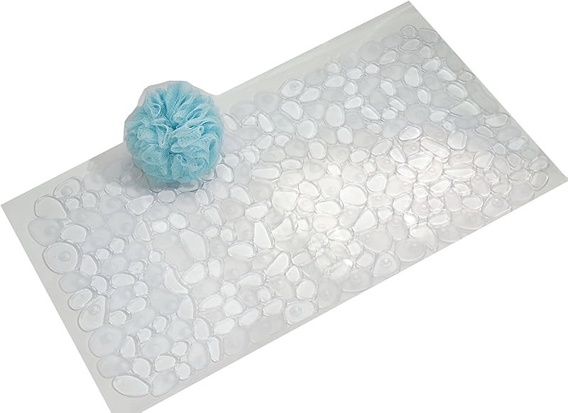 InterDesign Pebblz Alfombrilla de baño antideslizante con ventosa, transparente, 13,75" x 26,5" | Para ducha, bañera y puesto.