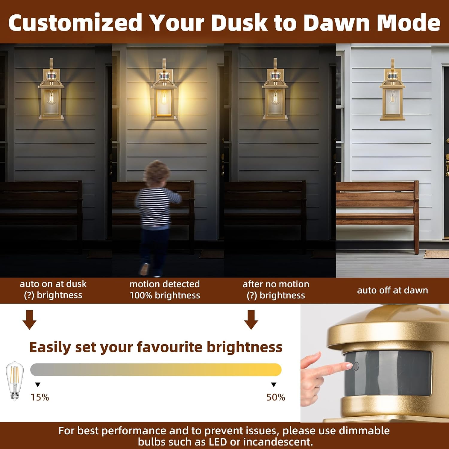 Gold Motion Sensor Outdoor Light Fixtures Dusk to Dawn 2-Pack, 16 Inch Brass Outdoor Wall Sconces Photocell Outside Lights for House Front Porch Lights Carriage Coach Lights Courtyard