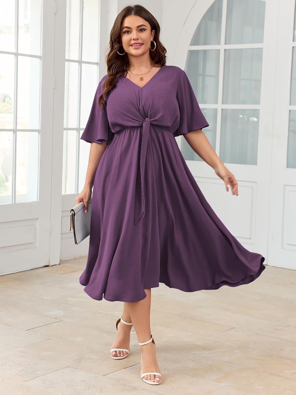 SCOMCHIC Women Plus Size Midi Dresses Wedding Guest Short Sleeve V Neck Tie Waist Casual Summer Flowy A Line Dress