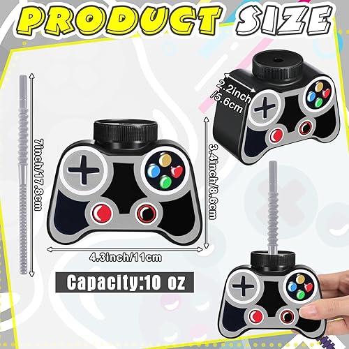 Miniatura 9 de Mifoci 12 vasos de plástico para videojuegos con popote y tapa, tazas de fiesta de cumpleaños de 10 onzas para jugadores, tazas de videojuegos,