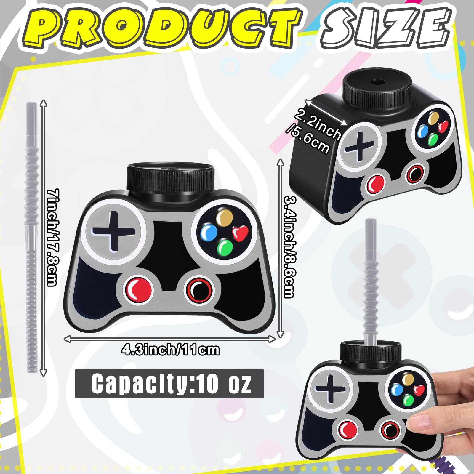 Mifoci 24 vasos de plástico para videojuegos con popote y tapa de 10 onzas, vasos temáticos de cumpleaños para jugadores de 7º videojuegos, regalos de fiesta para niños pequeños, fiesta de cumpleaños