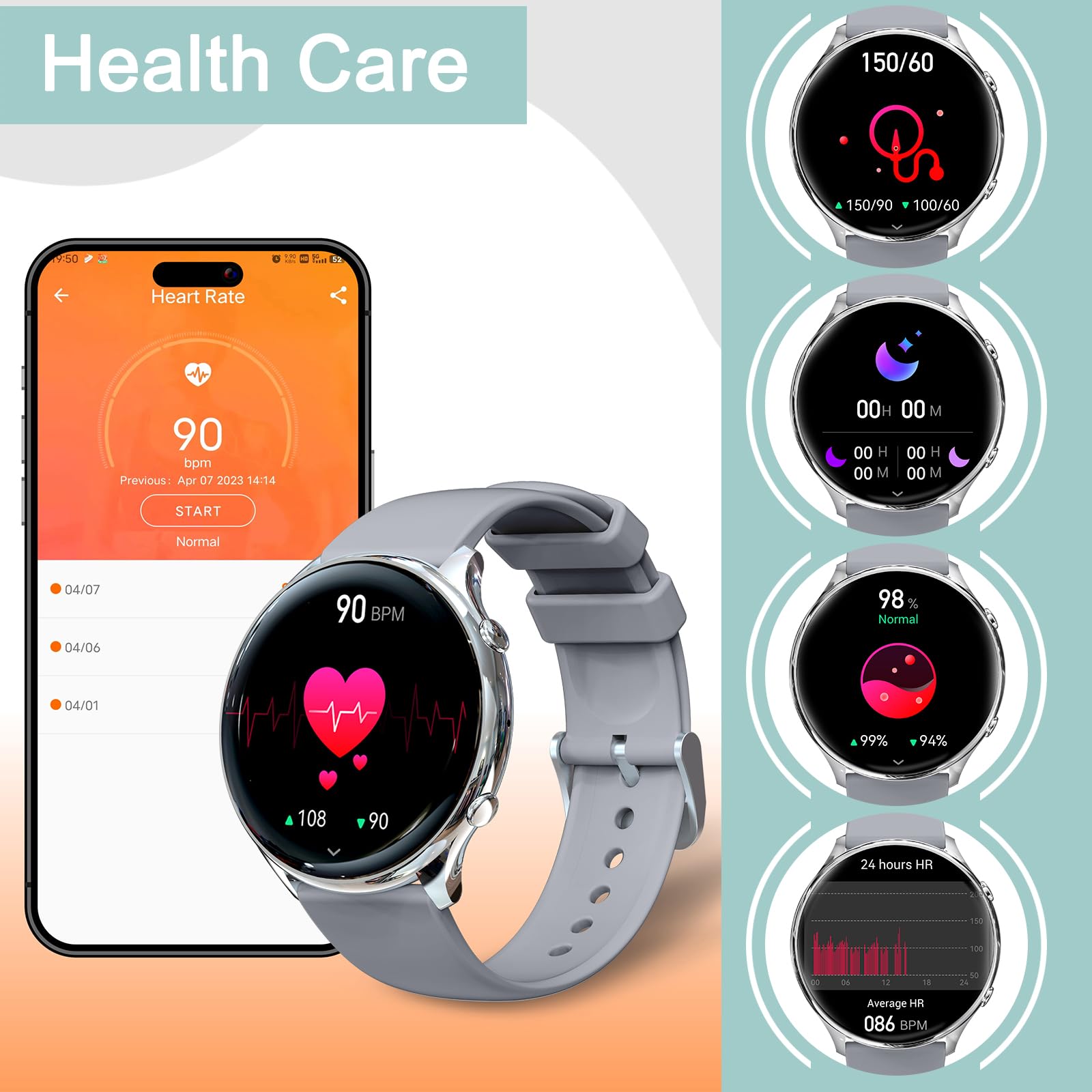 Relojes Inteligentes Mujer Hombre,1.39' Smartwatch Redondo con Hacer y Contestar Llamada,Monitoreo de Sueño,Podómetro,SpO2,120 Modos Deporte,Pulsera Fitness Plata para Android iOS