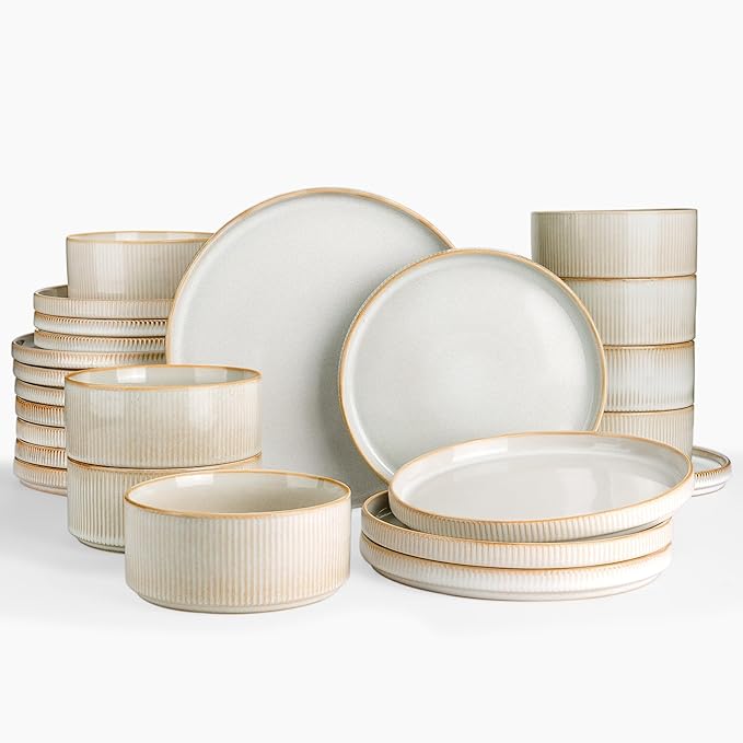 Famiware Star 24-Piece Plates and Bowls Set with Trim, Service for 8 - Stoneware Reactive Glaze Dinnerware, High Edge Ribbed Dishes, Chip/Scratch Resistant, Microwave/Dishwasher Safe, Cappuccino White