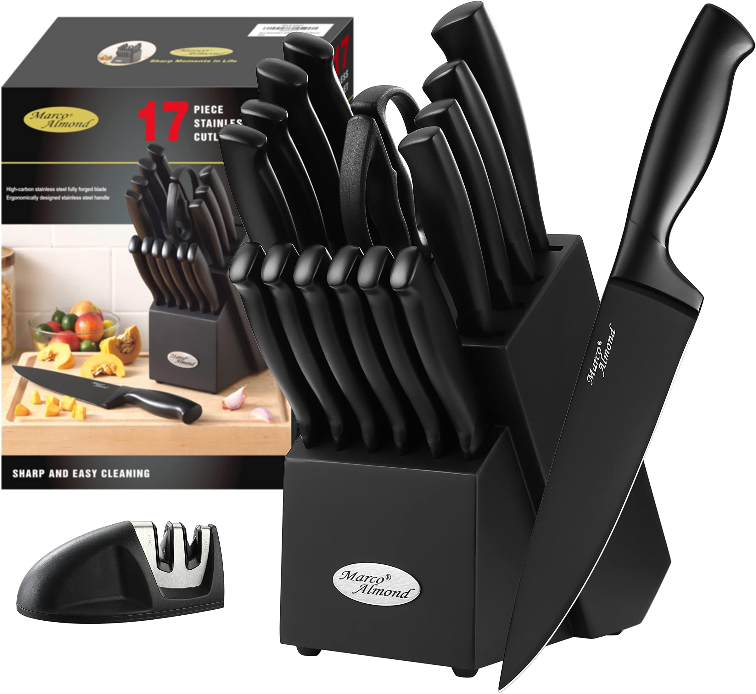 Marco Almond® Kitchen Knife Set with Block and Sharpener MA23, 17 Pieces Knife Block Set Stainless Steel Chef Black Knives Set for Kitchen