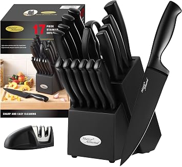 Marco Almond Kitchen Knife Set with Block and Sharpener MA23, 17 Pieces Knife Block Set Stainless Steel Chef Black Knives Set for Kitchen