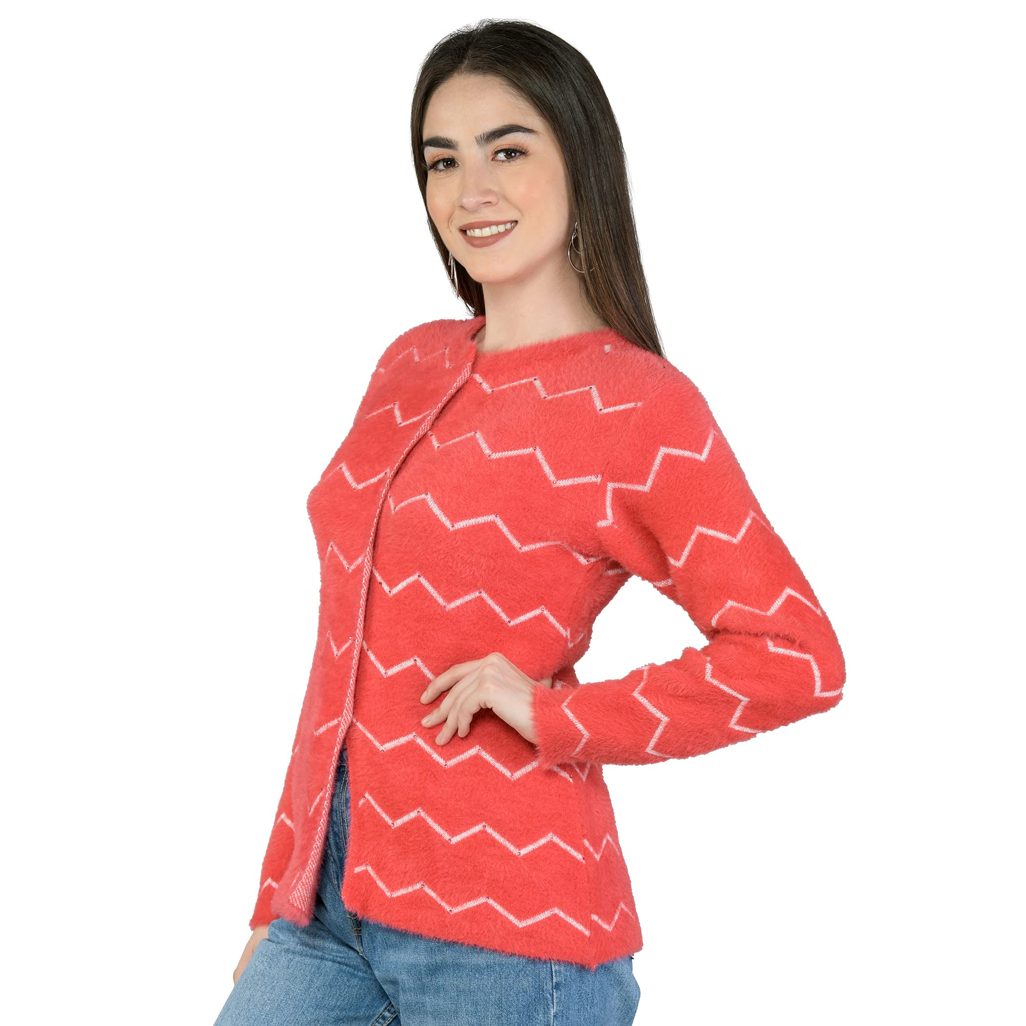 lady willington Women Woolen Round Neck Cardigan Sweater Soft Rabbit Wool Hair Cardigan Winter Wear Pure Wool Cardigan for Women Free Size Cotty Warm Cardigans with Side Pockets (S, RED)-picture-15