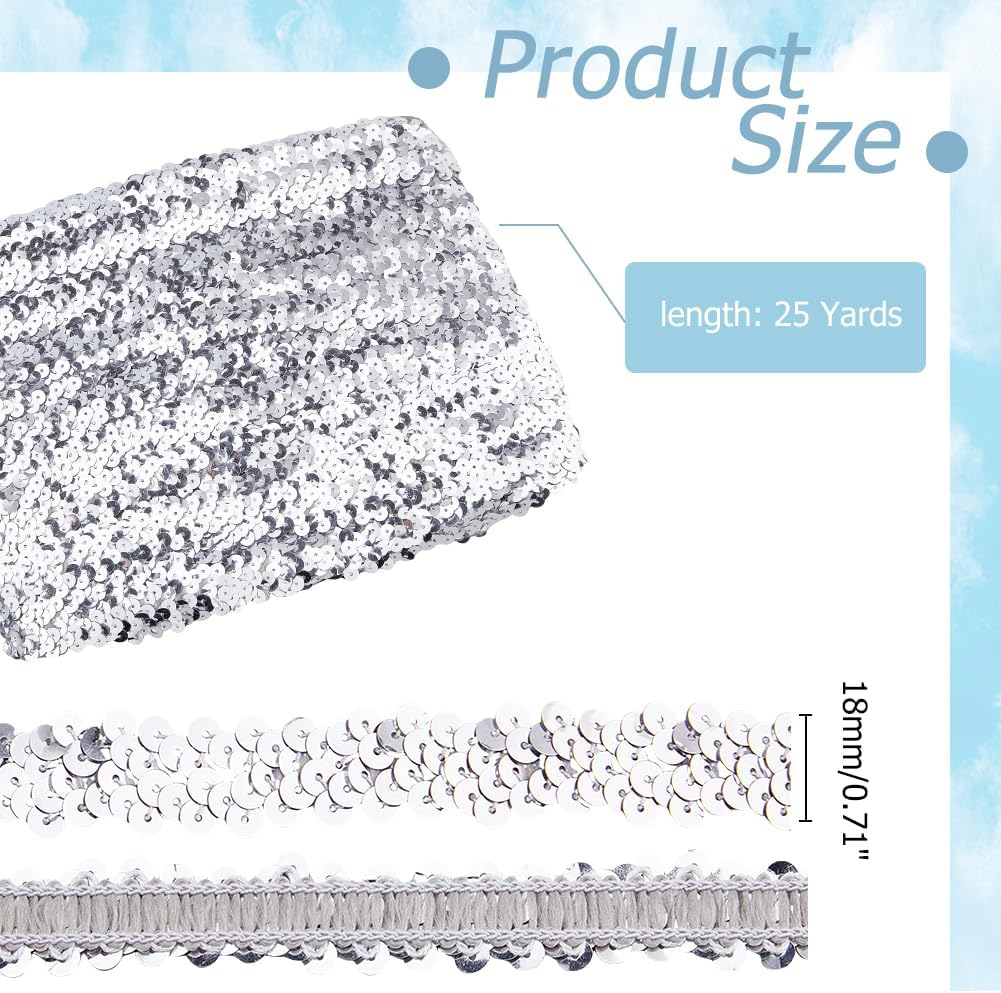 25 Yards Elastic Sequin Trim 2 Row Metallic Sequins Trim Silver Sequin Ribbon 0.7 inch Flat Glitter Stretch Ribbon for Craft Sewing Trimming Dress Headband Embellishments