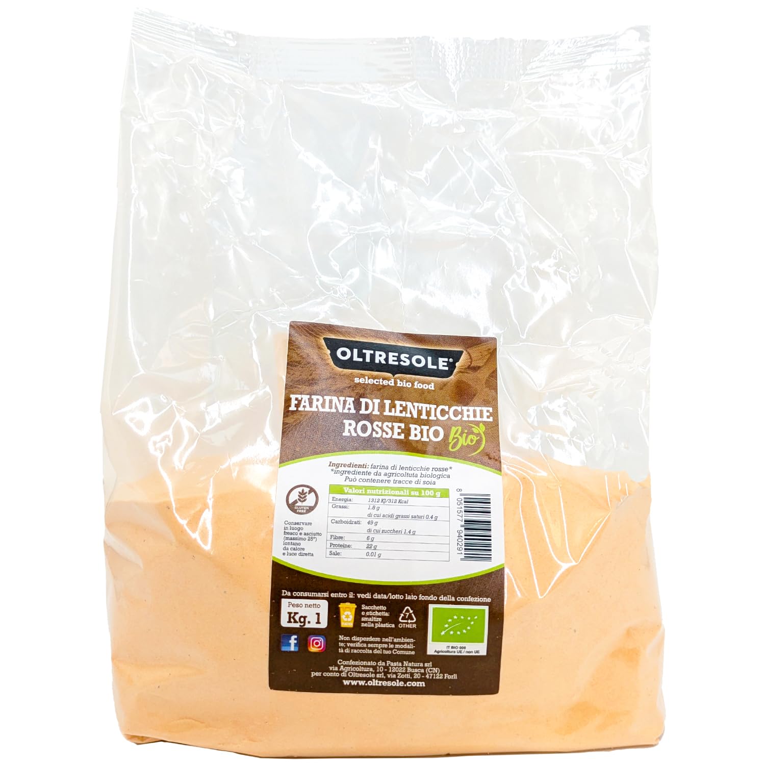 Oltresole Farina Italiana di Lenticchie Rosse Biologica 1 kg, Senza Glutine, Ricca di Proteine