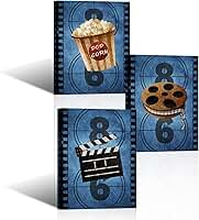 Arte de parede em tela com tema de filme, clássico, antiquado, molinete de filme, pipoca, impressões, para sala de mídia, decoração de parede de cinema em casa