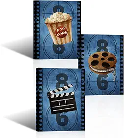 Arte de parede em tela com tema de filme, clássico, antiquado, molinete de filme, pipoca, impressões, para sala de mídia, decoração de parede de cinema em casa