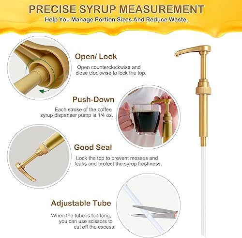 Miniatura 3 de YEVIOR Bomba de jarabe, dispensador de bomba de jarabe de café, paquete de 6 bombas de jarabe dorado para botella de jarabe de 25.4 onzas, bombas de