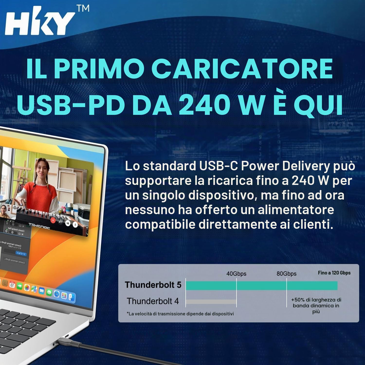 HKY 240W USB C Caricatore 48V/5A 36V/5A 180W GaN PD3.1 con Cavo USB C Rimovibile per Gaming Laptop,Thunderbolt 5 AI PC, Industrie PC, Altoparlanti, Drones, E-bike, Robot, Controller Gioco Alimentatore