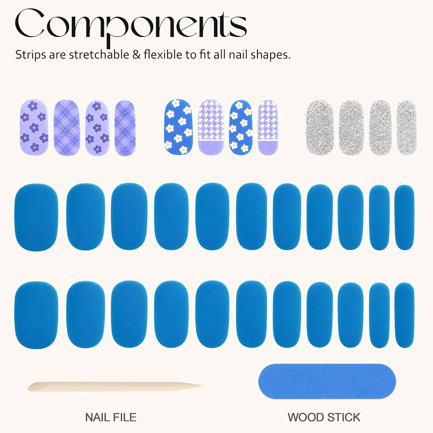 32Pcs Semi Cured Nail Strips with UV/LED Cure, Long Lasting Nail Wraps, Dark Blue, Silver Glitter Lattice Pattern Design Flower Nails Stickers Strips for Women, DIY Nails Stickers Easy Apply & Remove