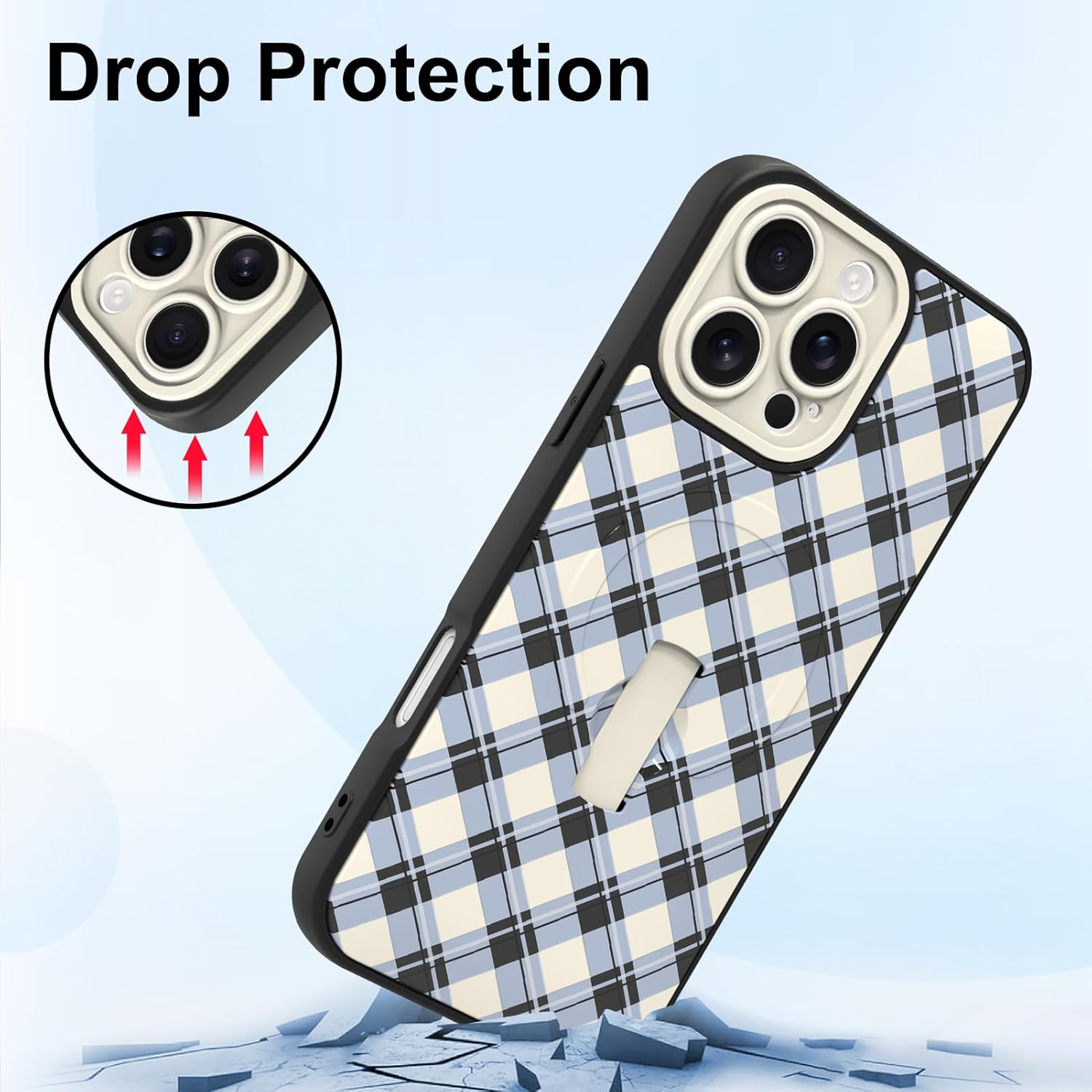 MOWIME Magnetic for iPhone 16 Pro Case with Finger Strap Kickstand, Compatible with Magsafe, Cute Checkered Checkerboard Plaid Phone Case for Women Men Full Camera Protection Cover, White