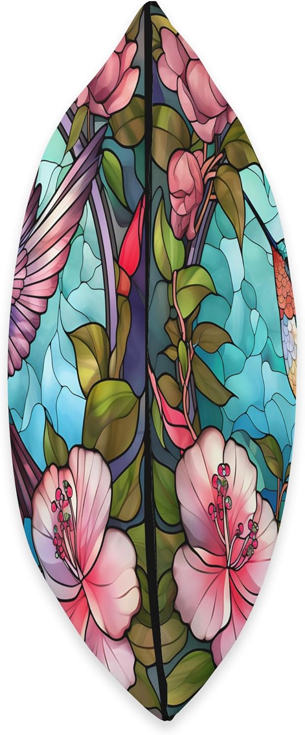 Cute Stained Glass Hummingbird Decor Floral Hibiscus Flower Throw Pillow
