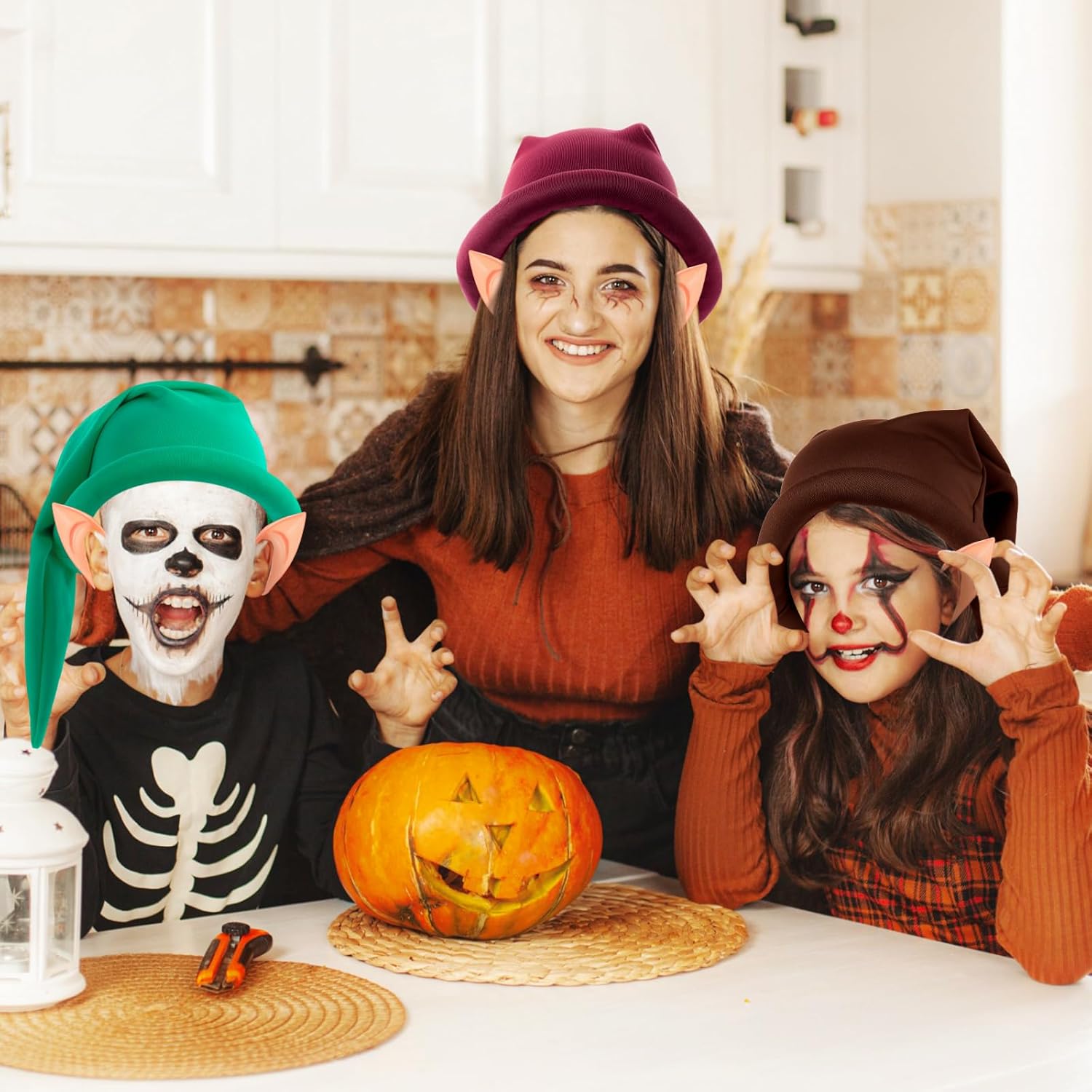 Miniatura 7 de Unittype Juego de 14 disfraces de enano de Halloween, 7 sombreros enanos de Navidad, gnomo, elfo, 7 orejas de elfo de hada, orejas puntiagudas falsas