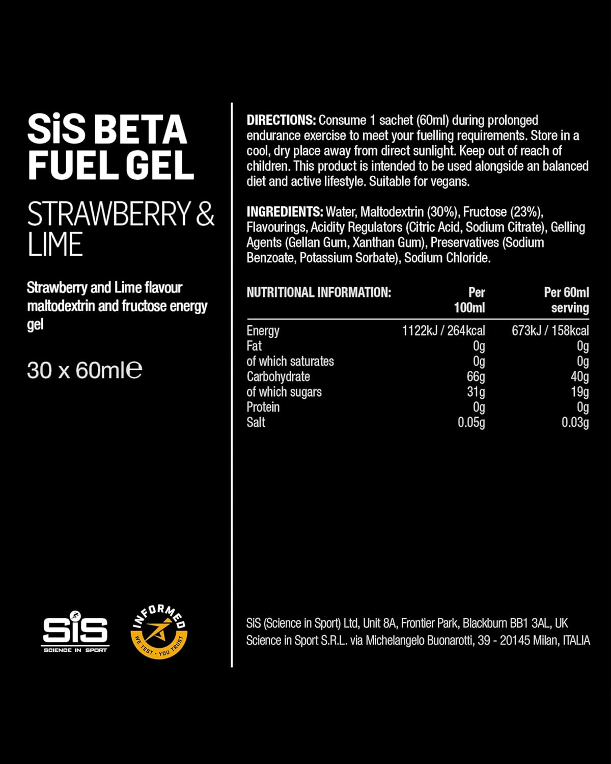 Science in Sport BETA Fuel Gel - Dual-Source Energy Gel - Isotonic Gel - Fast-Absorbing Carbohydrate Energy - Sports Nutrition - Easy on Stomach - Portable - Strawberry & Lime Flavor - 30-Pack