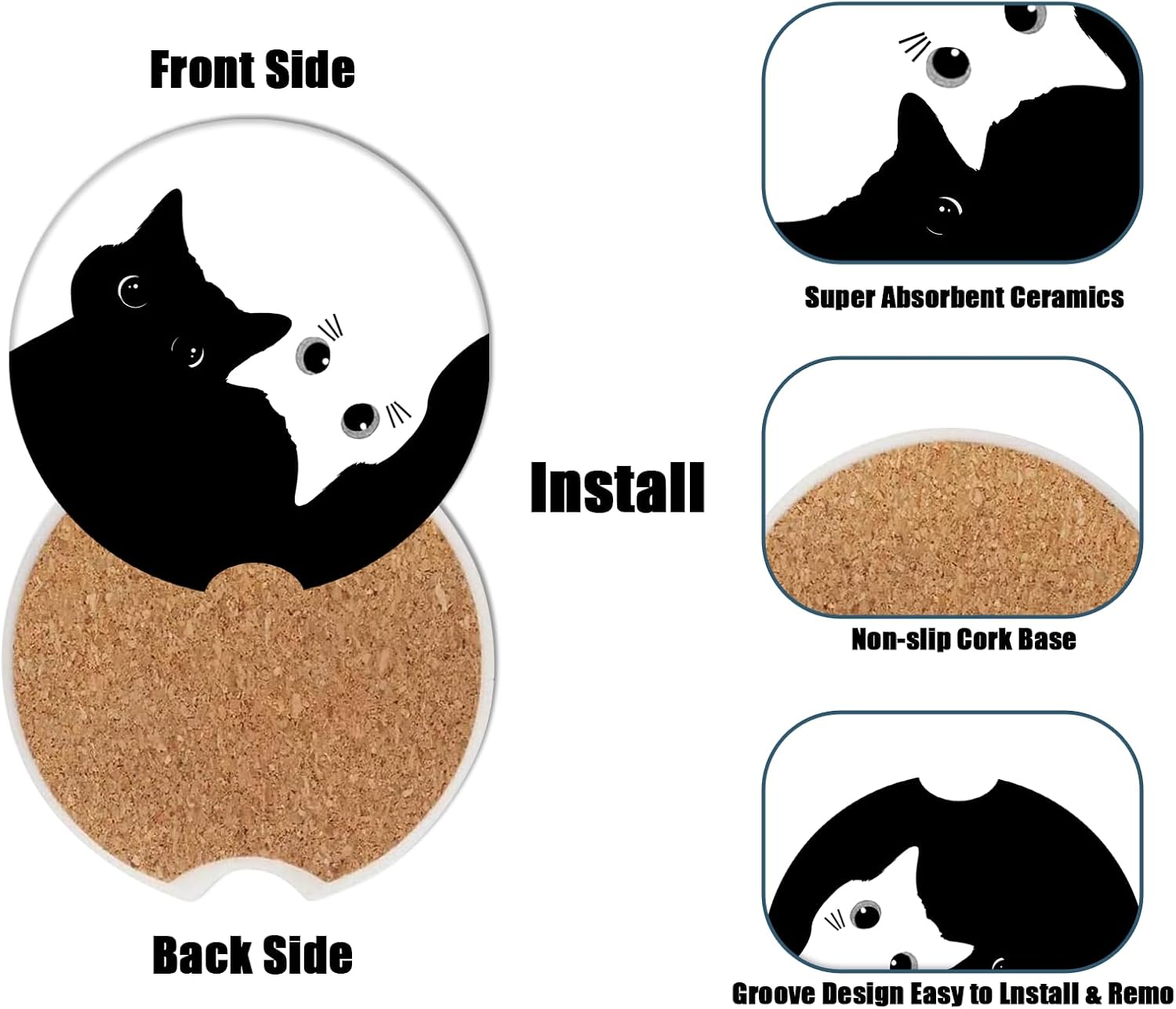 Car Cup Holder Coaster -Black White Cat Absorbent Ceramic Coaster, Car Coasters for Cup Holders, Auto Accessories for Women & Men, Pack of 2 image 3