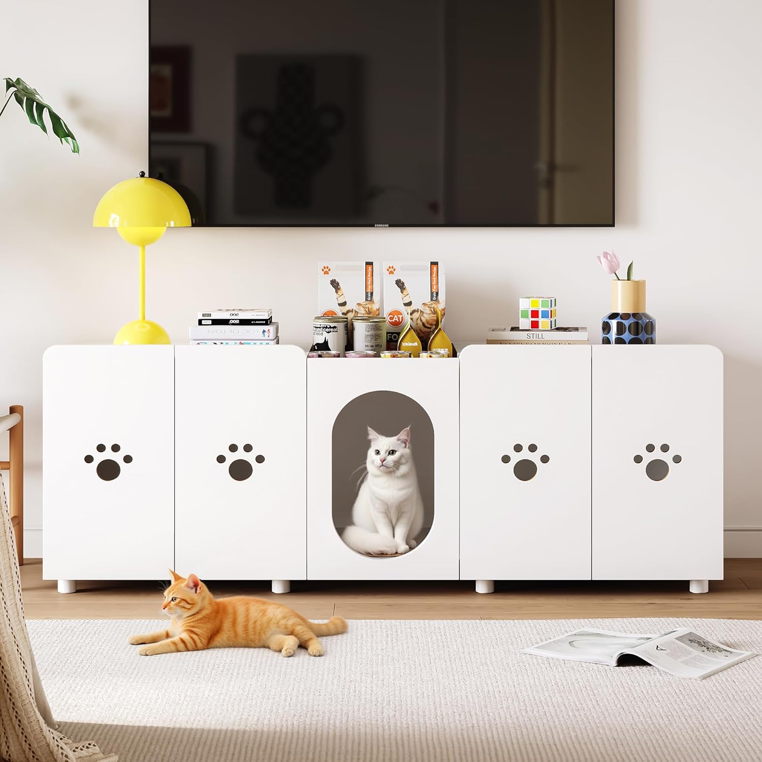 Double Cat Litter Box Enclosure for 2 Litter Boxes, Cute Litter Box Furniture with Thickened Board, Modern Hidden Litter for 2 Cats, Wooden Litter Box Cabinet, 55”L x 17.7”W x 22.5”H, White