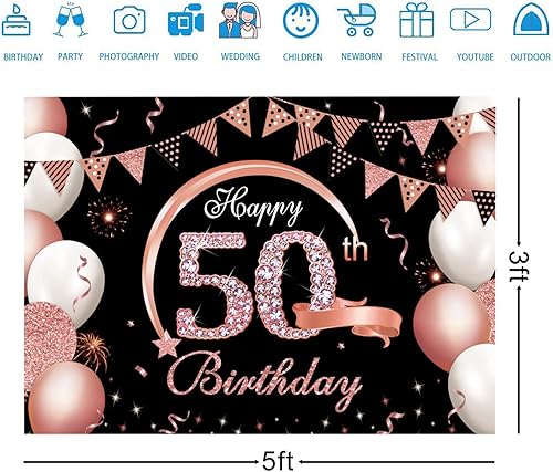 Miniatura 2 de Cartel de feliz cumpleaños de 50 x 3 pies, telón de fondo negro dorado y rosa con purpurina, globos plateados con purpurina, decoraciones de