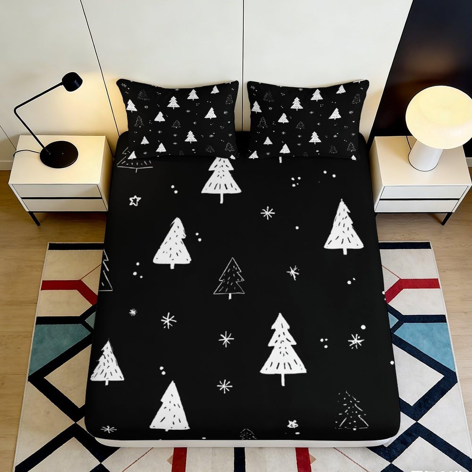 3D Printed Christmas Tree Fitted Sheet Microfiber Black Snowflake Bed Cover Non-slip Washable for Bedroom Dorm 200x200x25cm