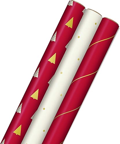 Hallmark Minimalist Christmas Paper with Cutlines on Reverse (3 Rolls 120 sq ft TTL) Gift Wrap, Tri-Pack, Ultra Simple