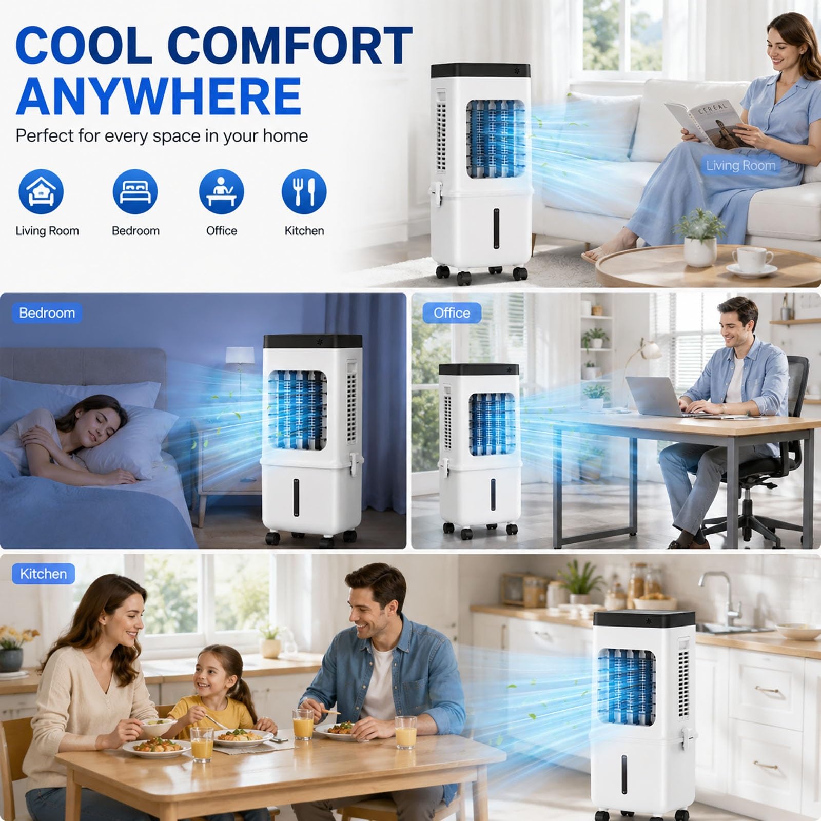 Rinfrescatore d'Aria Portatile per Casa, Raffrescatore Evaporativo 4-in-1 con Serbatoio dell'Acqua da 4L & 4 Setti Ghiaccio,Telecomando per Camera da Letto Ufficio
