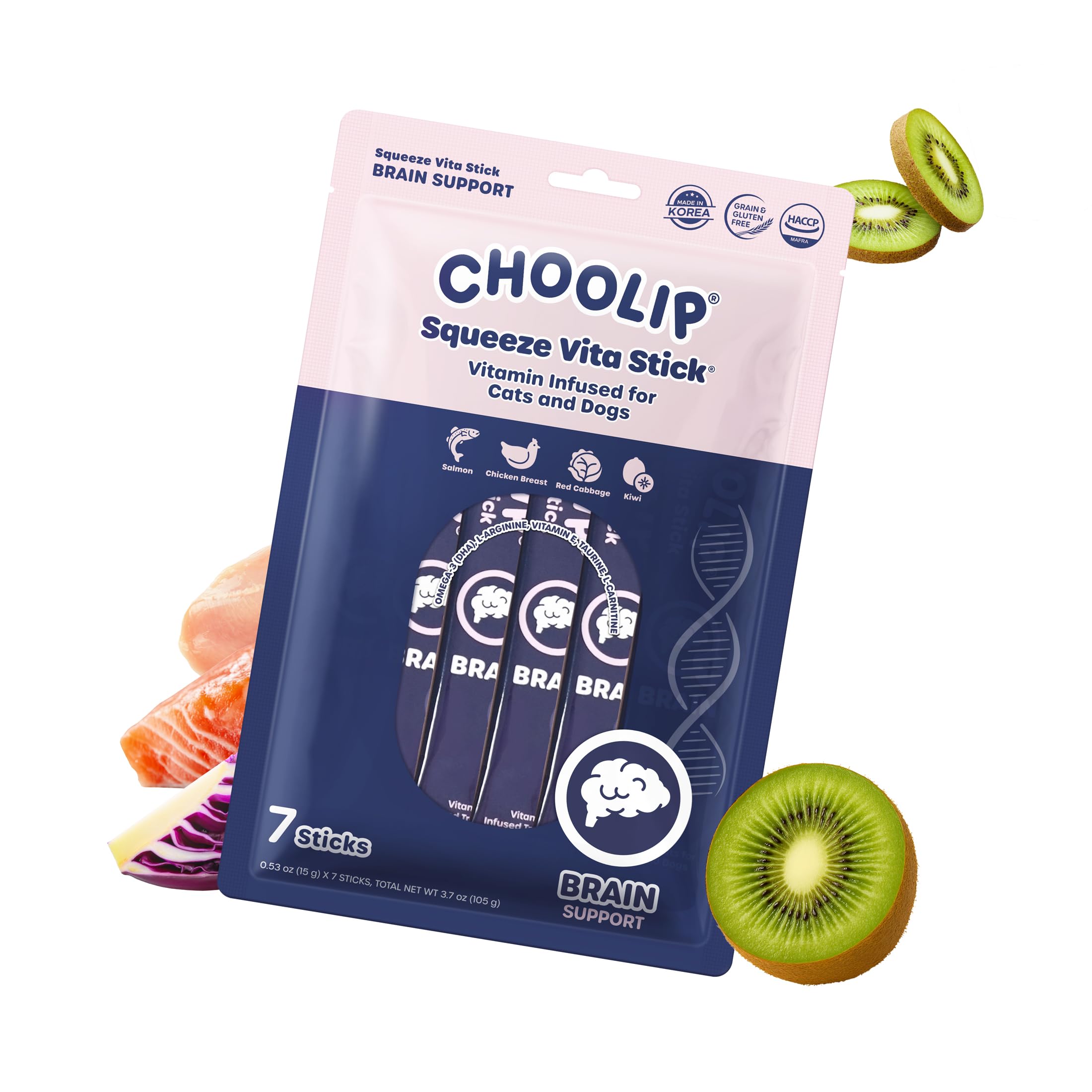 Choolip Squeeze Vita Stick Brain Support Lickable Cat and Dog Treats, 7-Count – Beef and Chicken Soft Puree with DHA, CoQ10 & Vitamin E, Vet-Formulated