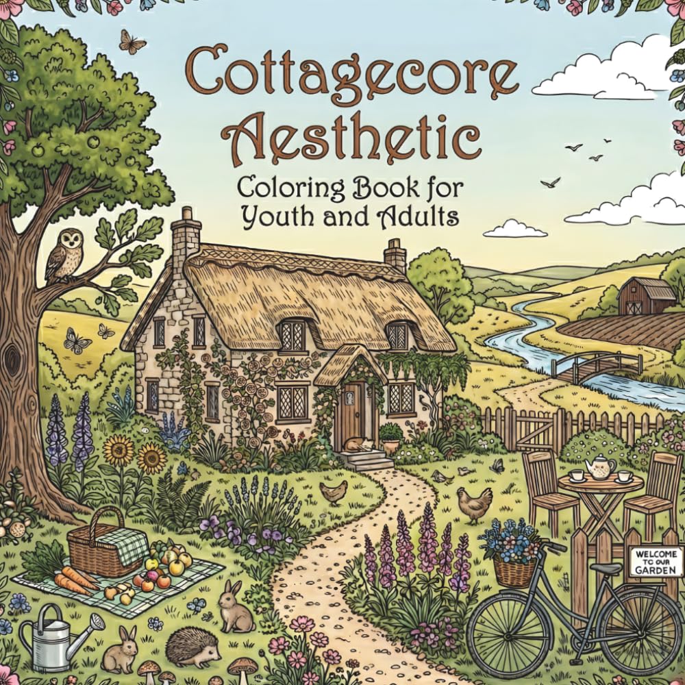 Cottagecore Aesthetic Coloring Book for Youth and Adults: Relaxing Nature Scenes with Sunflowers, Mushrooms, Snails, and Botanical Gardens