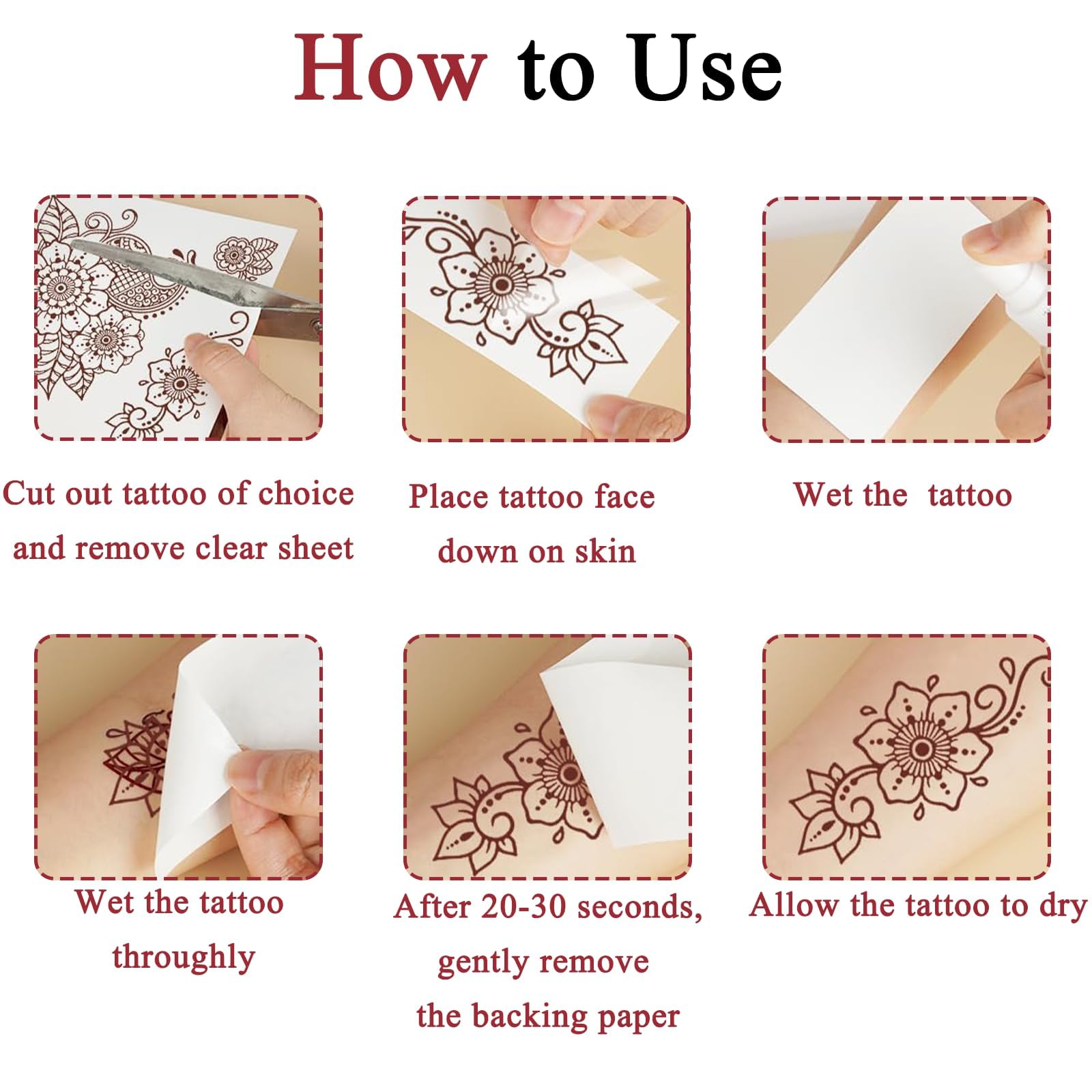 12 Sheets Temporary Tattoo Sticker, Brown Red Indian Mandala Flower Tattoo - Image 4
